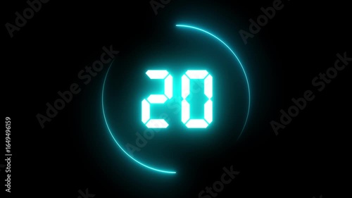 25 seconds countdown timer animation, 30-0 counting down seconds neon number with black background.