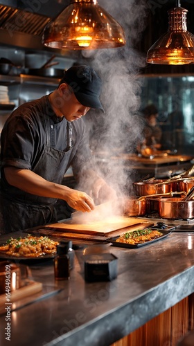 Chef in a busy kitchen wipes his forehead, surrounded by copper pot...