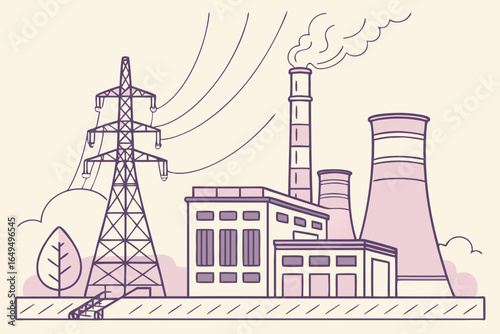 Industrial power plant with cooling towers and transmission tower