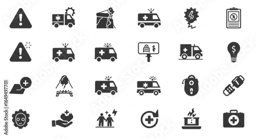 Emergency response icons featuring ambulances, warnings, first aid, and crisis management tools for urgent needs