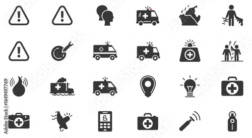 Emergency response icons including ambulances, first aid, and hazard warnings for urgent care services