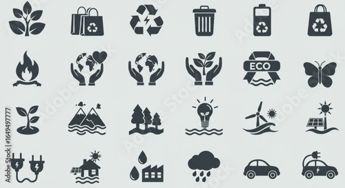 Vibrant eco-friendly icons represent sustainability, nature, and clean energy solutions for a greener planet.