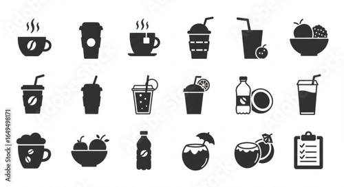 Vibrant collection of beverage icons showcasing coffee, tea, juices, coconuts, and fruit bowls for modern design.