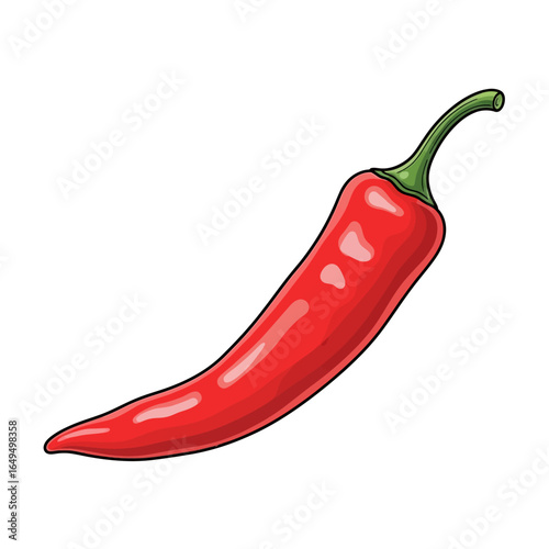 A vibrant red chili pepper with a glossy surface and a green stem, ready for cooking.