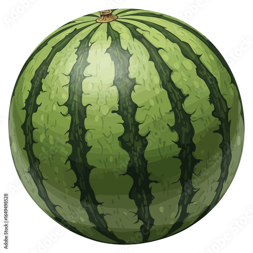 A detailed image of a whole, round watermelon with green and dark green stripes.