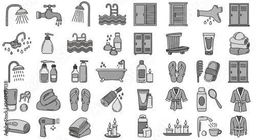 Bathroom and spa icons collection representing relaxation, hygiene, and personal care essentials