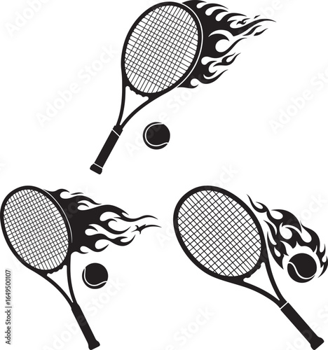Flaming tennis rackets and balls silhouette