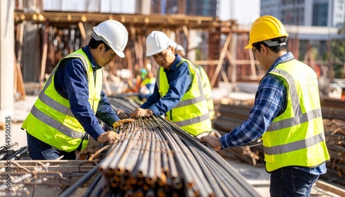 A lively worker uses safety gear to organize rebar and materials at a high-rise building framing construction site.