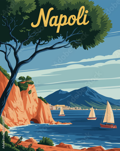 Vintage Naples Travel Poster: Vector Illustration of Italian Coastline with Vesuvius Smoke Plume, Mediterranean Blue Waters, Rocky Shore, Retro Postcard Design Infused with Timeless Charm