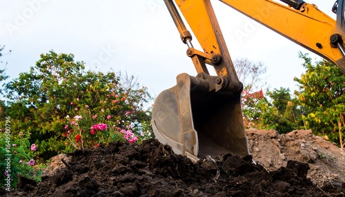 Excavator bucket scoops up dark soil in a landscaped area.