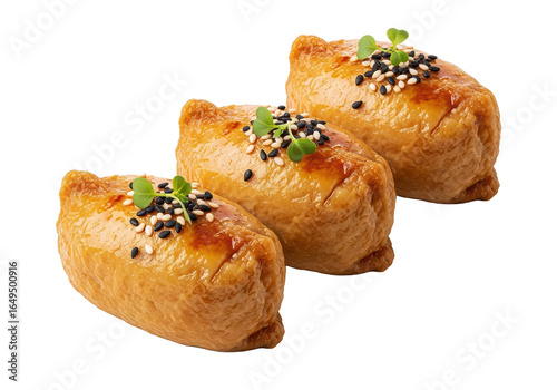 A photorealistic composition of an inari sushi trio with caramelized tofu pockets and sesame seeds.