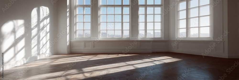 Fototapeta premium Sunlight streams into a spacious room with large windows