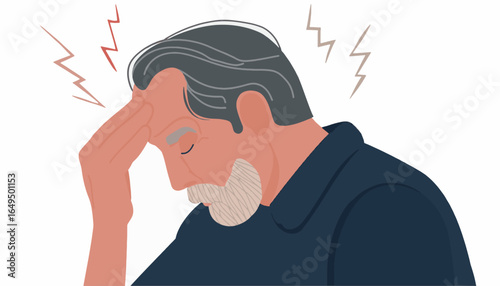 Illustration vector of an elderly man with grey hair and beard holding his head in pain, showing headache or migraine, with stress lines on a white background.