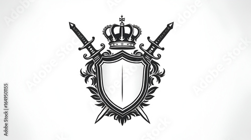 Sword Shield silhouette, Heraldic emblem crest shield with crown on white background.
