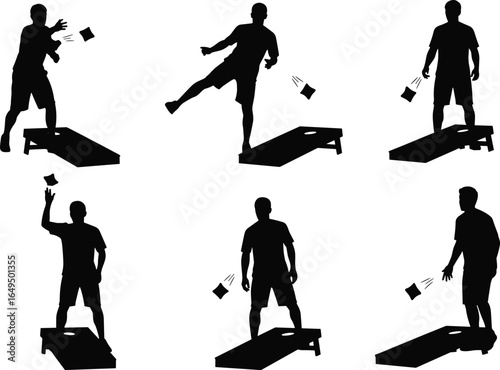 Cornhole game silhouettes, bean bag toss action, outdoor sports fun, competitive players, black and white style, leisure activity, dynamic movement