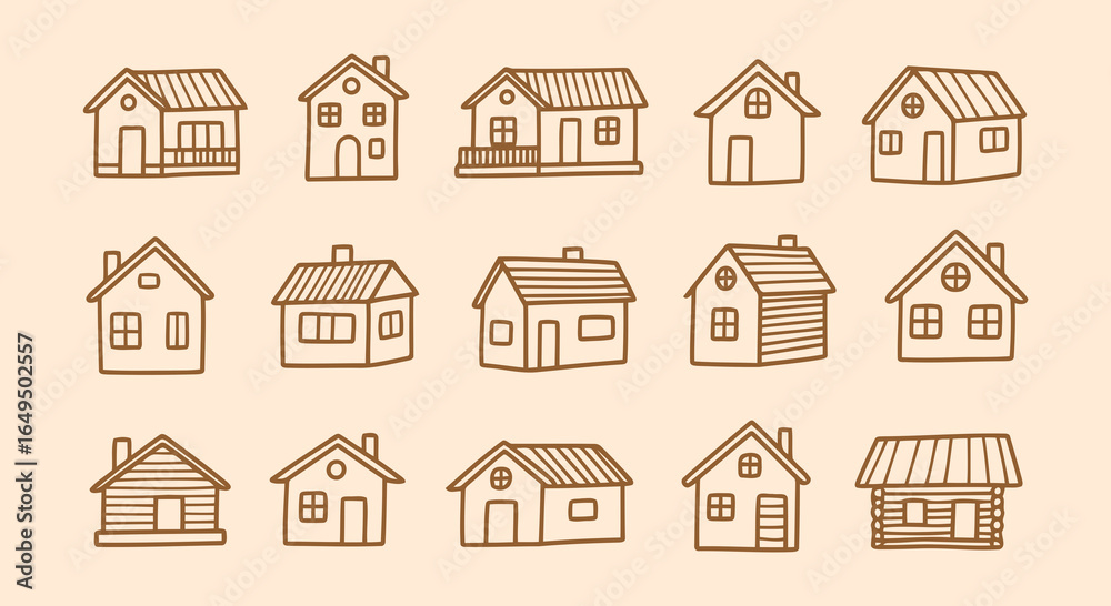 Fototapeta premium Collection of detailed line art illustrations of wooden and rustic houses, cabins, and homes in a variety of architectural styles and designs.