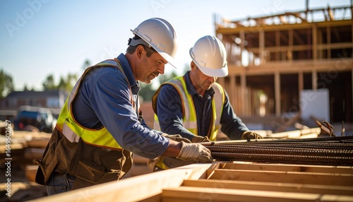 A lively worker uses safety gear to organize rebar and materials at a high-rise building framing construction site.