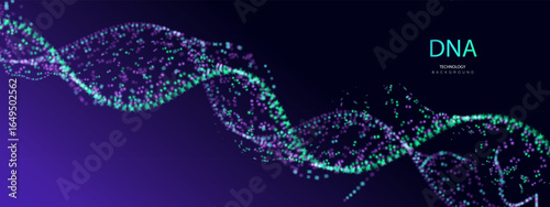 Artificial Intelligence DNA banner. Particle helix waves future connect innovation vector. Big data biology dna molecule background. Technology ai genetic code dots design.