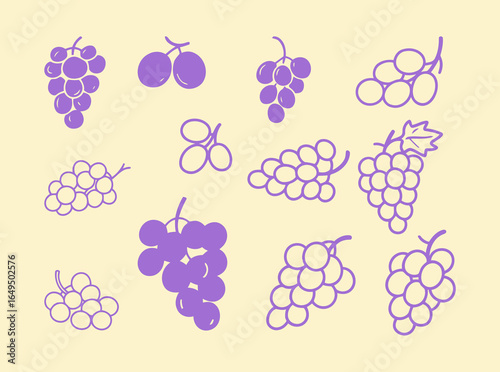 Set of purple grape illustrations with various styles, including clusters and single berries, perfect for food and drink related design projects.