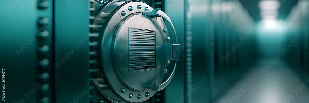Obraz premium A close-up view of a vault door in a secure facility, highlighting its metallic texture and the corridor of safety deposit boxes behind it.