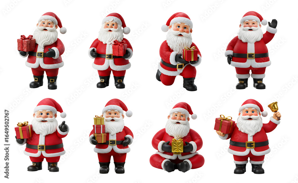 Fototapeta premium A vibrant collection of jolly holiday characters, each depicted in a traditional red suit, showcasing various poses and holding festive gifts on a transparent background