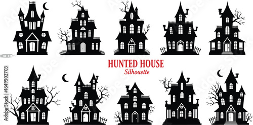 Haunted house silhouettes, spooky Halloween decorations, eerie haunted mansion designs, creepy ghostly houses, scary architecture, horror theme, moonlit night, haunted trees