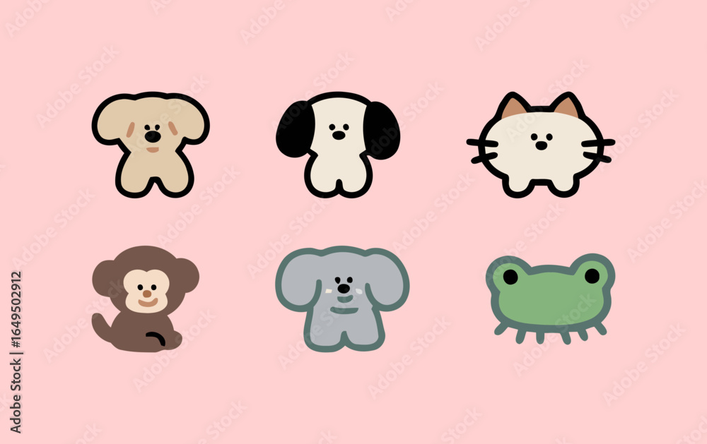 Naklejka premium A set of cute and simple cartoon icons of animals, including a dog, cat, monkey, elephant, and frog, with a soft color palette.