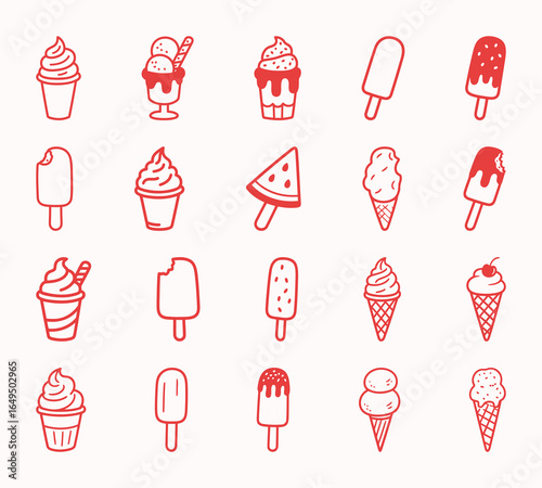 A collection of various red-colored ice cream line art icons, including cones, popsicles, and sundaes, perfect for summer, dessert, and food-related designs.