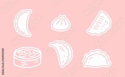 A set of simple line art icons of various Asian dumplings, representing traditional food and cuisine in a cute and playful style.