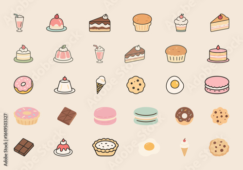 A large set of cute, hand-drawn vector illustrations of various sweet food items, including cakes, donuts, macarons, cupcakes, and more.