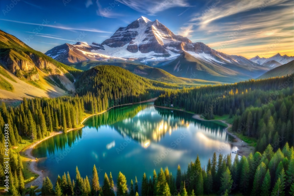 Obraz premium Scenic mountain landscape with lake reflection and lush green forest view