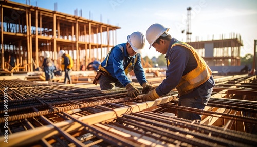 A lively worker uses safety gear to organize rebar and materials at a high-rise building framing construction site.