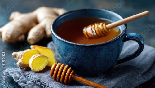 A mug of ginger tea, sweetened with honey, sits on a grey linen cloth, with ginger root pieces nearby