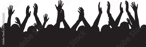  Silhouette of a crowd cheering with hands raised in celebration or support.
