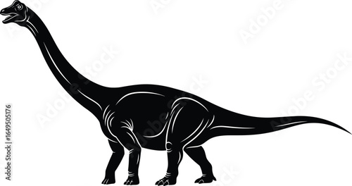 Silhouette of Brachiosaurus dinosaur, long-necked prehistoric animal, black and white illustration, Jurassic species, educational, scientific, extinct, stock image
