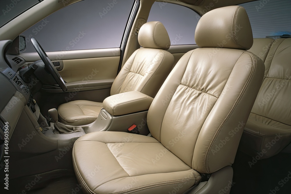 Fototapeta premium Beige leather car interior, showing seats and dashboard