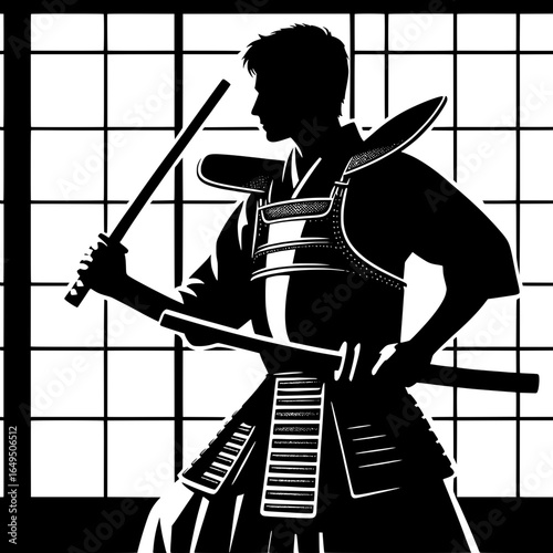 Man Practicing Kendo with Bamboo Sword in Dojo