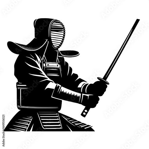 Man Practicing Kendo with Bamboo Sword in Dojo