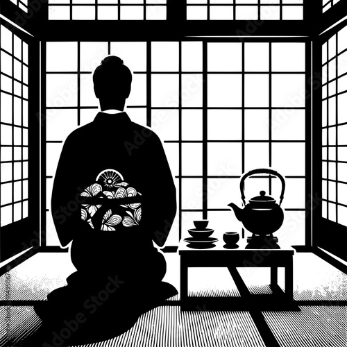 Traditional Japanese Tea Ceremony with Backside View of a Man in Kimono