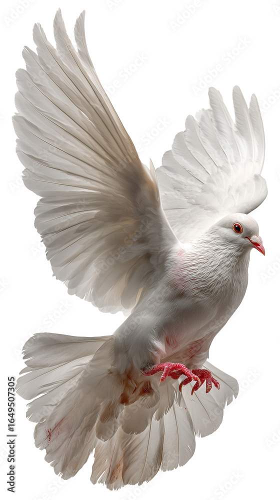 Obraz premium A white dove in flight is a universal symbol of peace, purity, hope and spiritual harmony. High-quality studio photography is ideal for advertising materials, holiday cards, wedding designs, religious