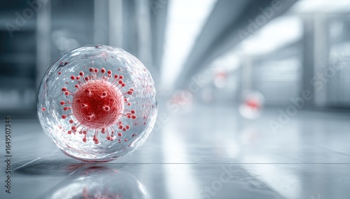 A virus encased in a transparent sphere, resting on a tiled floor in a modern, gray interior