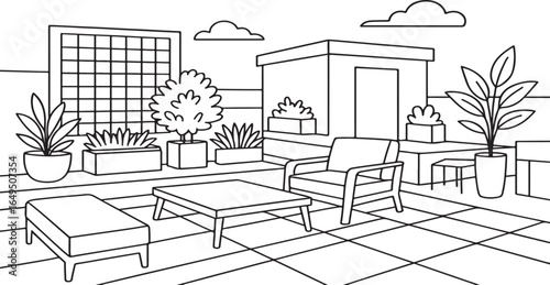Modern Minimalist Rooftop Garden Black and White Vector Line Art Rooftop Terrace Outline Coloring Page