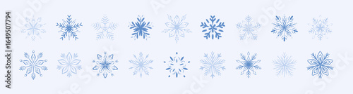 Set of hand drawn whimsical crayon blue and silver snowflakes. Doodle drawing. Merry Christmas and Happy New Year winter design elements. Snow flake pencil, chalk, pastel, charcoal kid sketch