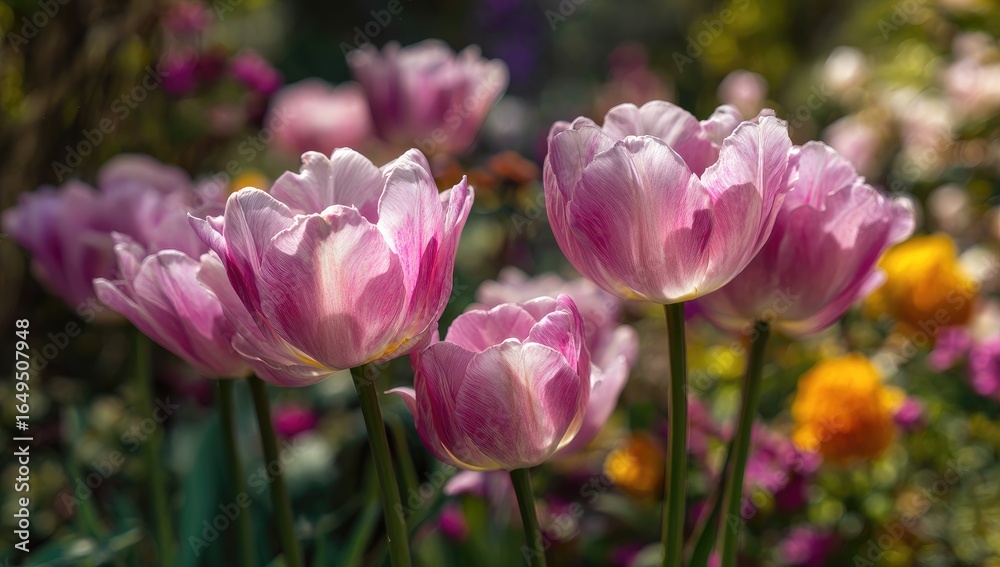 Naklejka premium Pink and white tulips in a garden setting
