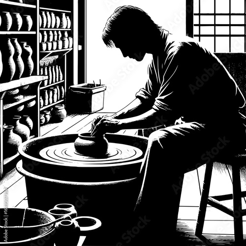 Japanese Potter Shaping Clay on Spinning Wheel
