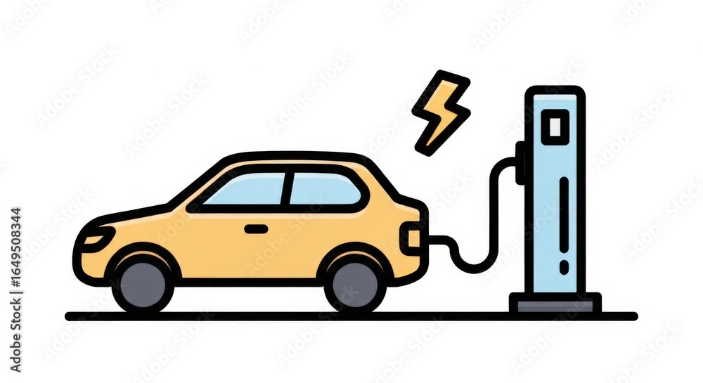 Naklejka premium Electric car at a charging station, simple line art illustration.