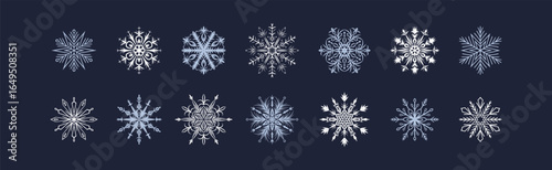 Blue, white, silver snowflakes on black background. New Year and Merry Christmas luxury design elements. Sparkle festive vector illustration. Winter holiday graphic decor. Ice, freeze, frost drawing