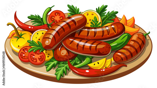 Juicy grilled sausages served with colorful peppers and fresh herbs create vibrant and appetizing dish. combination of flavors and textures makes it delightful meal  white  background 
