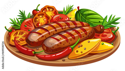 Juicy grilled sausages served with colorful peppers and fresh herbs create vibrant and appetizing dish. combination of flavors and textures makes it delightful meal  white  background 