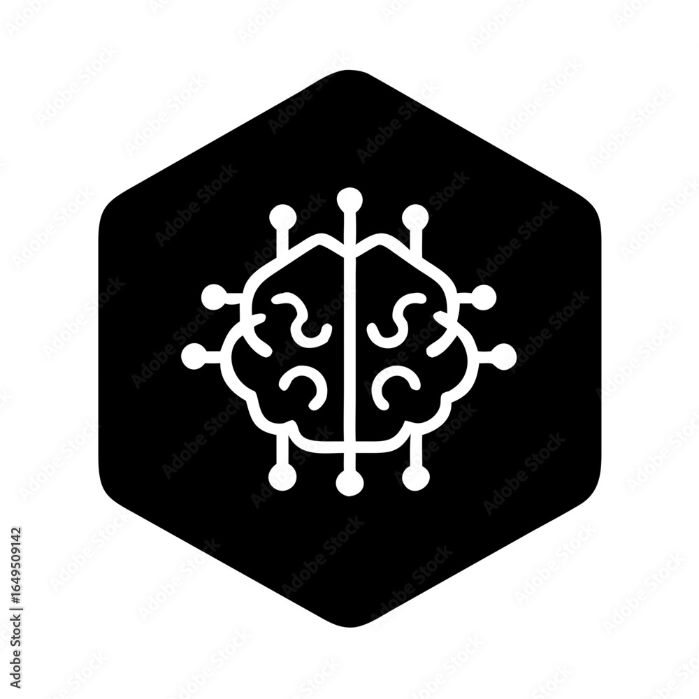 Obraz premium black hexagon background, minimal white neural network brain symbol inside